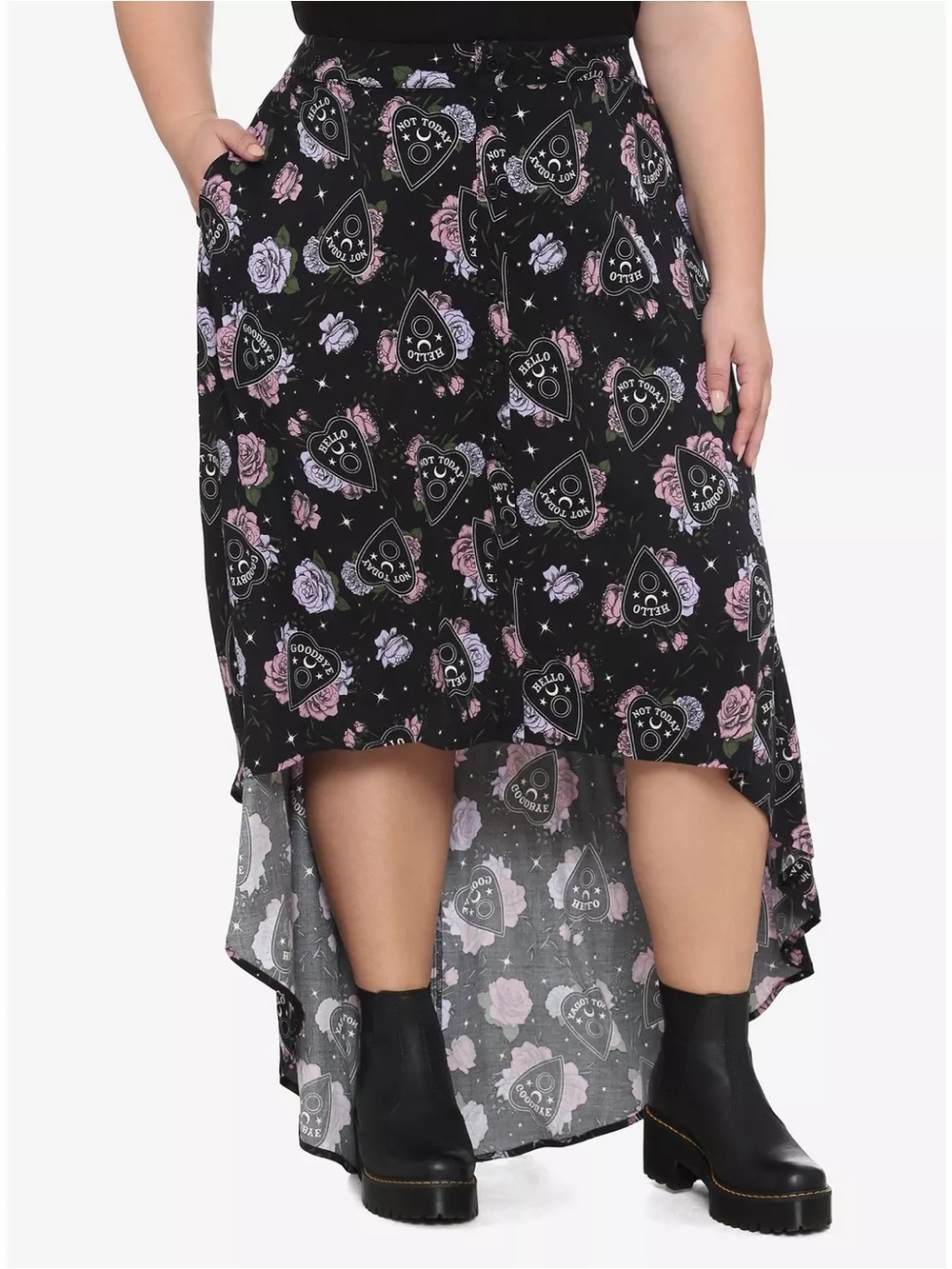 Hot Topic Black Floral High-Low Skirt with Purple and Pink Roses